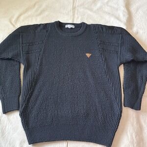 Vintage Brittania Chunky Knit Sweater Mens Size L Gray/black Shoulder Inlay